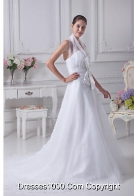 Beading Court Train Halter A-Line Wedding Dress with Fitted Waist