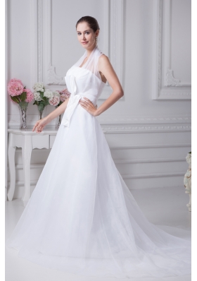 Beading Court Train Halter A-Line Wedding Dress with Fitted Waist