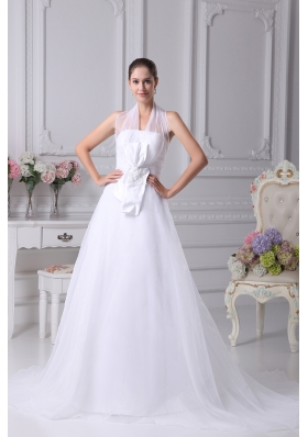 Beading Court Train Halter A-Line Wedding Dress with Fitted Waist