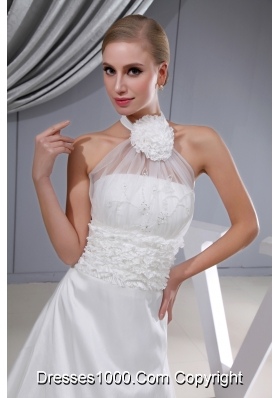 Beading Hand Made Flower Halter Chapel Train Wedding Dress