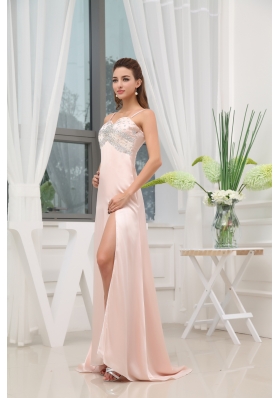 Beading High Slit Straps Brush Train Prom Dress