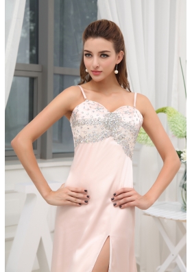 Beading High Slit Straps Brush Train Prom Dress