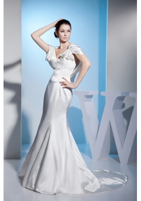 Beading Mermaid V-neck Brush Train Wedding Dress with Zipper up