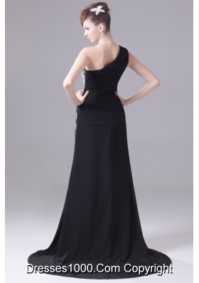 Beading One Shoulder High Slit Black Prom Dress