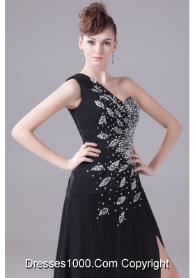 Beading One Shoulder High Slit Black Prom Dress