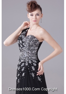 Beading One Shoulder High Slit Black Prom Dress