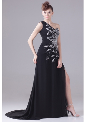 Beading One Shoulder High Slit Black Prom Dress