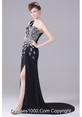 Beading One Shoulder High Slit Black Prom Dress