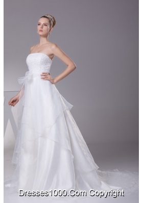 Beading Strapless Court Train A-Line Wedding Dress with Zipper-up