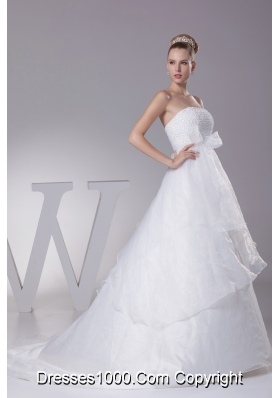 Beading Strapless Court Train A-Line Wedding Dress with Zipper-up