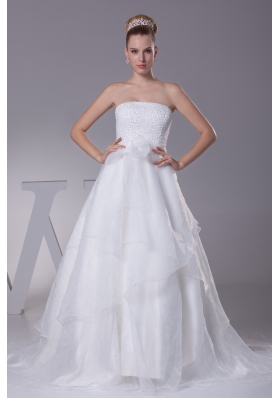 Beading Strapless Court Train A-Line Wedding Dress with Zipper-up
