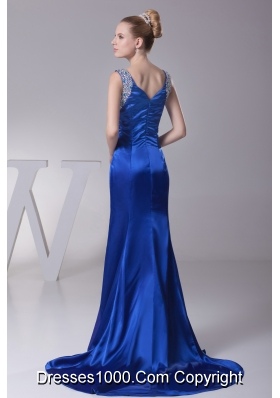 Beading V-neck High Slit Brush Train Prom Dress