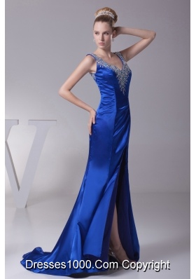 Beading V-neck High Slit Brush Train Prom Dress