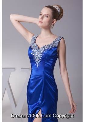 Beading V-neck High Slit Brush Train Prom Dress