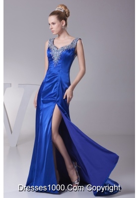 Beading V-neck High Slit Brush Train Prom Dress