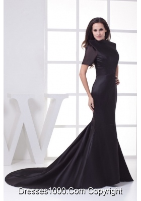 Black High-neck Short Sleeves Mermaid Chapel Train Mother of the Bride Dress