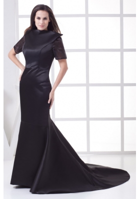 Black High-neck Short Sleeves Mermaid Chapel Train Mother of the Bride Dress