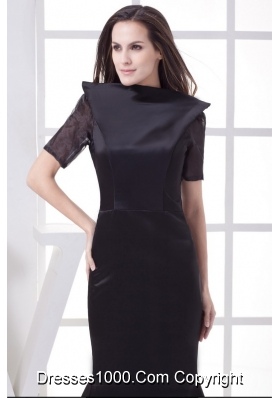 Black High-neck Short Sleeves Mermaid Chapel Train Mother of the Bride Dress