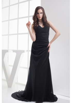 Black Sweetheart Brush Train Ruching A-line Prom Dress