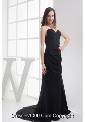 Black Sweetheart Brush Train Ruching A-line Prom Dress