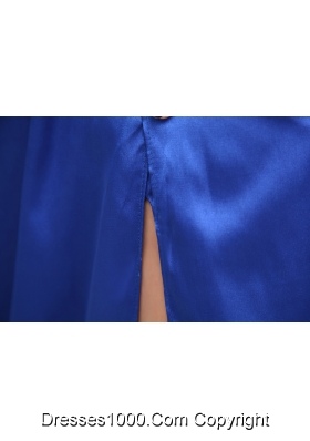 Blue High Slit Beading Elastic Woven Satin Prom Dress