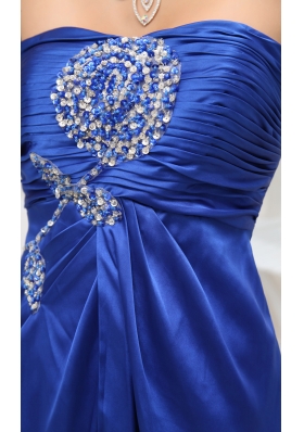 Blue High Slit Beading Elastic Woven Satin Prom Dress