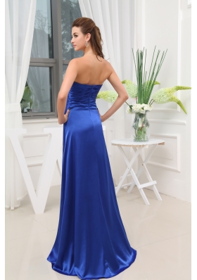 Blue High Slit Beading Elastic Woven Satin Prom Dress