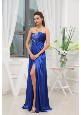 Blue High Slit Beading Elastic Woven Satin Prom Dress