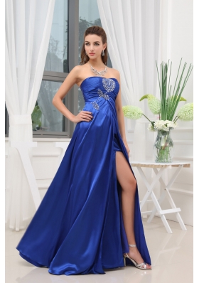 Blue High Slit Beading Elastic Woven Satin Prom Dress