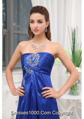 Blue High Slit Beading Elastic Woven Satin Prom Dress