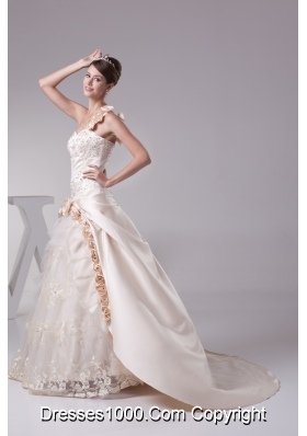 Champagne One Shoulder Hand Made Flowers Embroidery Wedding Dress