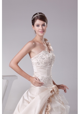 Champagne One Shoulder Hand Made Flowers Embroidery Wedding Dress