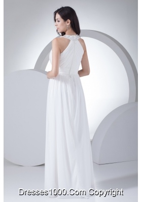 Column High-neck Ruching Beading Wedding Dress