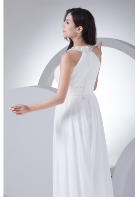 Column High-neck Ruching Beading Wedding Dress