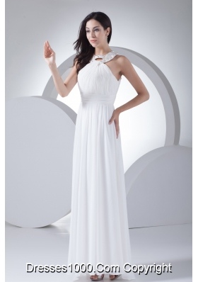 Column High-neck Ruching Beading Wedding Dress