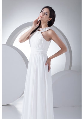 Column High-neck Ruching Beading Wedding Dress