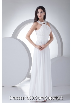 Column High-neck Ruching Beading Wedding Dress