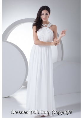 Column High-neck Ruching Beading Wedding Dress