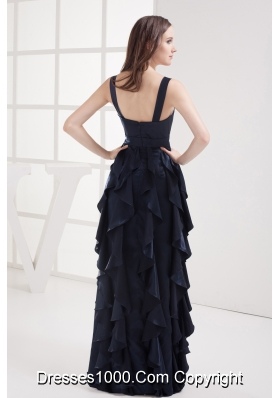 Column Navy Blue V-neck Ruffled Layers Ruching Prom Dress