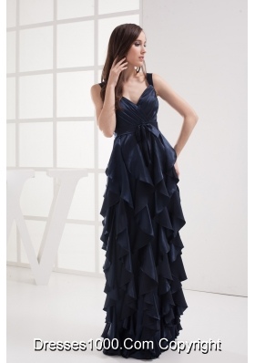 Column Navy Blue V-neck Ruffled Layers Ruching Prom Dress