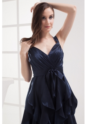 Column Navy Blue V-neck Ruffled Layers Ruching Prom Dress