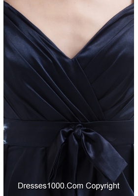 Column Navy Blue V-neck Ruffled Layers Ruching Prom Dress