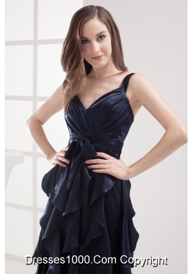 Column Navy Blue V-neck Ruffled Layers Ruching Prom Dress