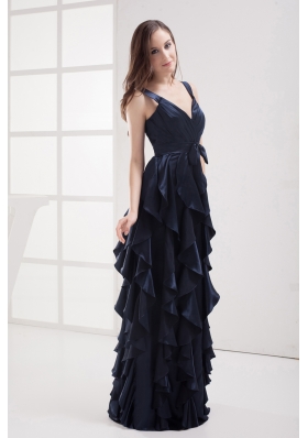 Column Navy Blue V-neck Ruffled Layers Ruching Prom Dress