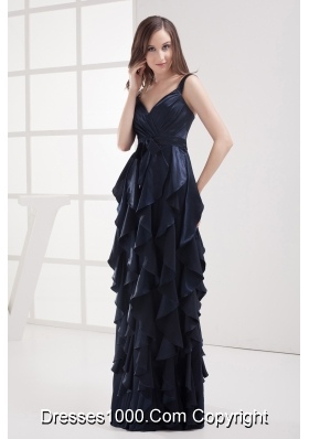 Column Navy Blue V-neck Ruffled Layers Ruching Prom Dress