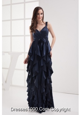 Column Navy Blue V-neck Ruffled Layers Ruching Prom Dress