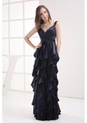 Column Navy Blue V-neck Ruffled Layers Ruching Prom Dress