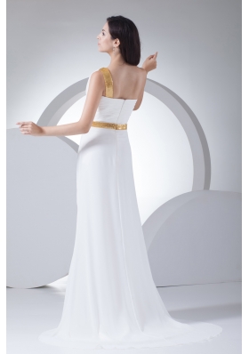 Column One Shoulder Ruching Sequins Wedding Dress