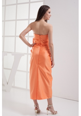 Column Orange Strapless Bow Satin Ruching Prom Dress