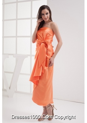 Column Orange Strapless Bow Satin Ruching Prom Dress